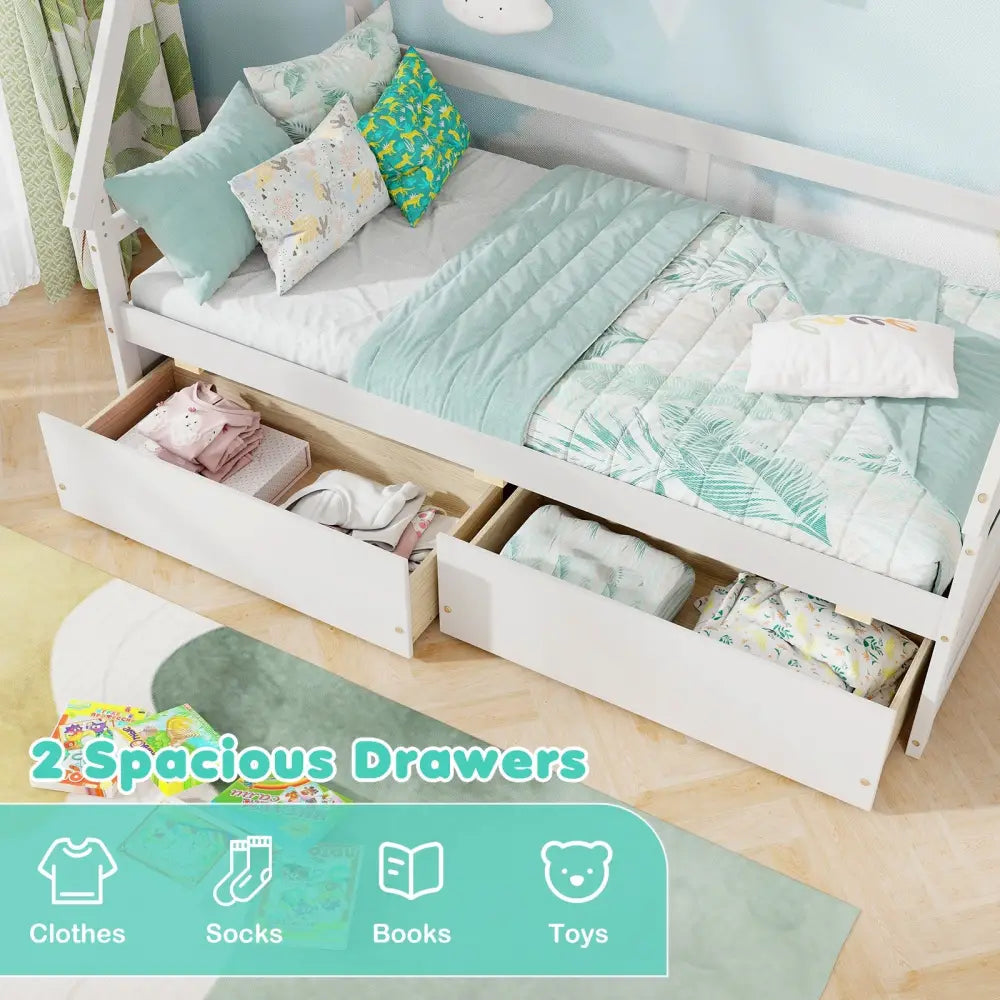 Twin Size House Bed with Roof and Safety Guardrail-White - White - Toddler Beds