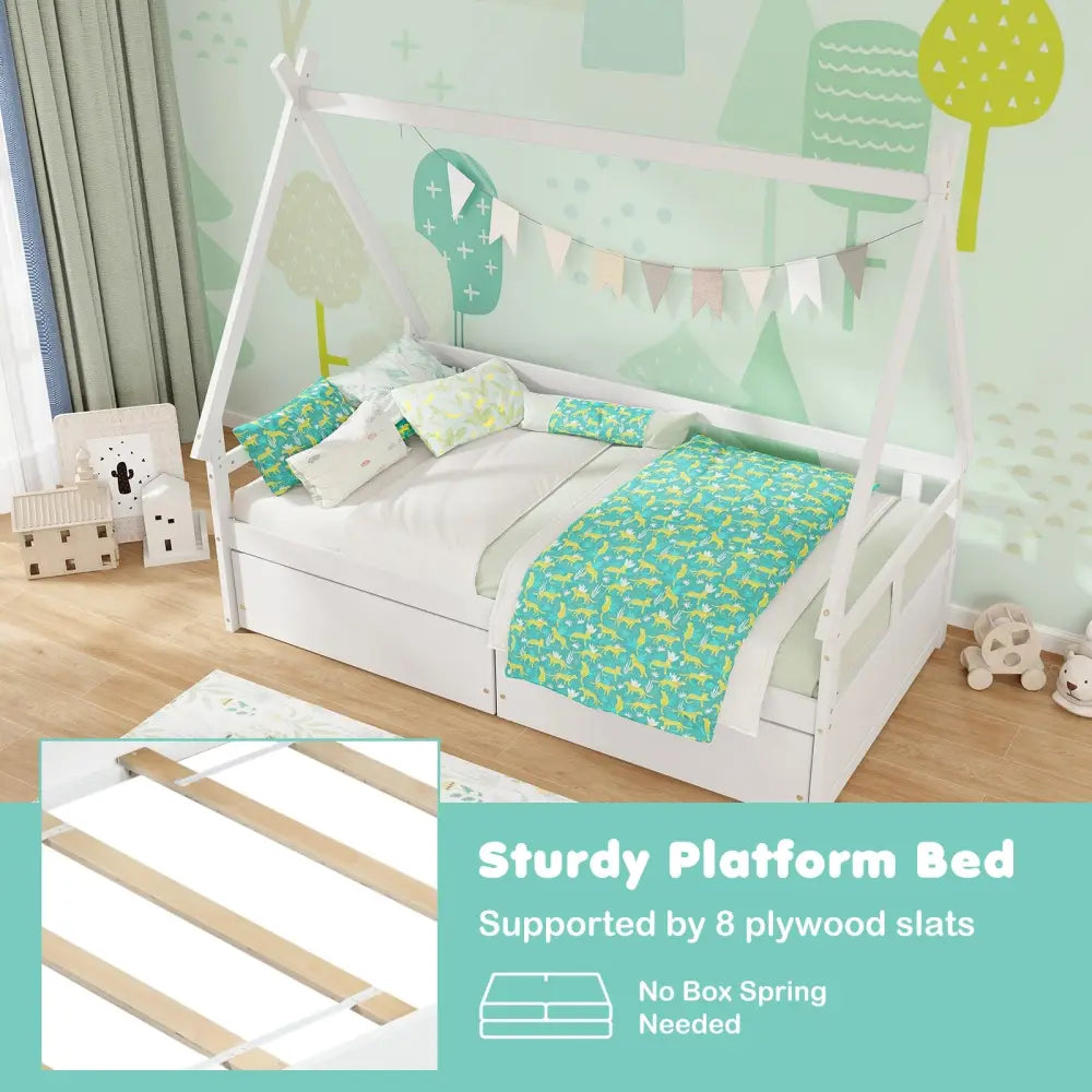 Twin Size House Bed with Roof and Safety Guardrail-White - White - Toddler Beds