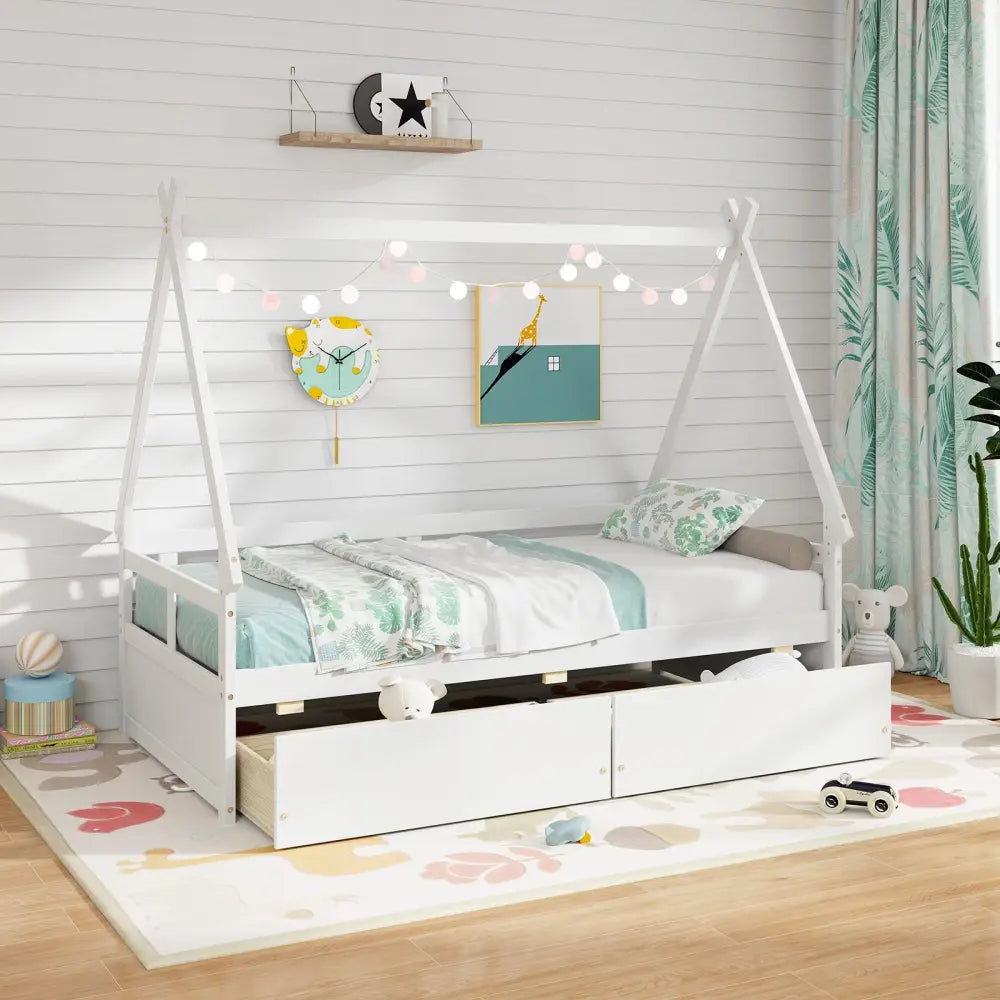 Twin Size House Bed with Roof and Safety Guardrail-White - White - Toddler Beds