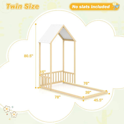 Twin Size House Bed with House Shape Roof and Semi-Fence-Natural - Natural - Toddler Beds