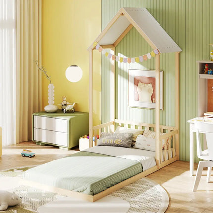 Twin Size House Bed with House Shape Roof and Semi-Fence-Natural - Natural - Toddler Beds