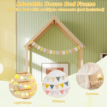 Twin Size House Bed with House Shape Roof and Semi-Fence-Natural - Natural - Toddler Beds