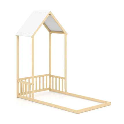 Twin Size House Bed with House Shape Roof and Semi-Fence-Natural - Natural - Toddler Beds