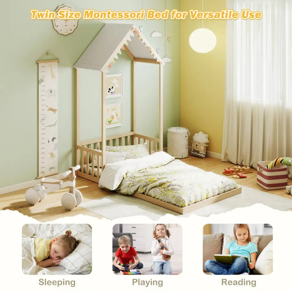 Twin Size House Bed with House Shape Roof and Semi-Fence-Natural - Natural - Toddler Beds