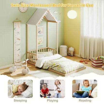 Twin Size House Bed with House Shape Roof and Semi-Fence-Natural - Natural - Toddler Beds