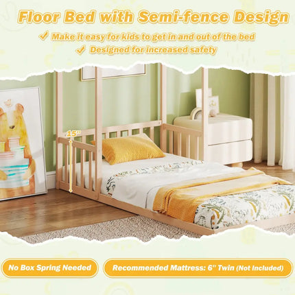 Twin Size House Bed with House Shape Roof and Semi-Fence-Natural - Natural - Toddler Beds