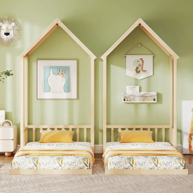Twin Size House Bed with House Shape Roof and Semi-Fence-Natural - Natural - Toddler Beds