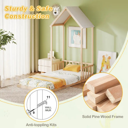 Twin Size House Bed with House Shape Roof and Semi-Fence-Natural - Natural - Toddler Beds