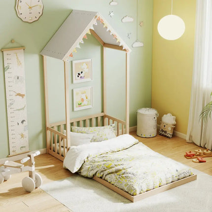 Twin Size House Bed with House Shape Roof and Semi-Fence-Natural - Natural - Toddler Beds