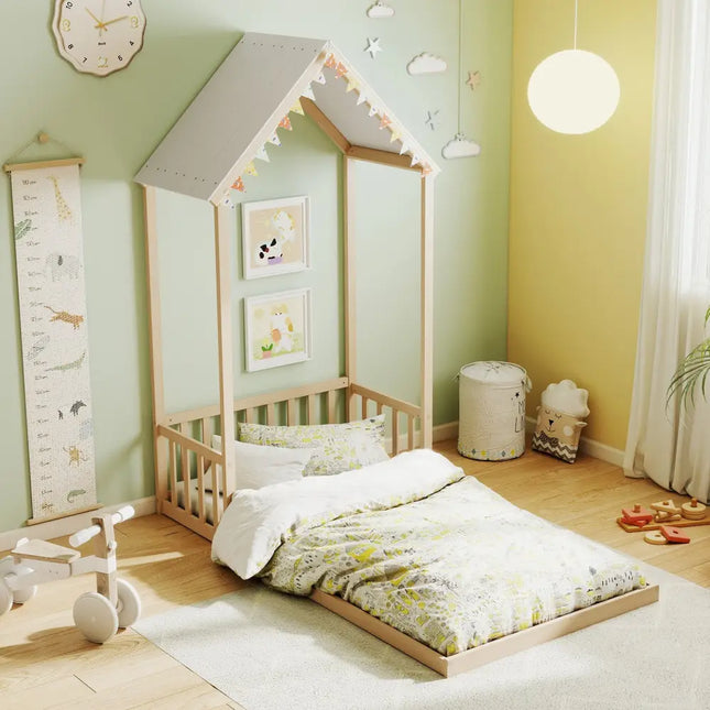 Twin Size House Bed with House Shape Roof and Semi-Fence-Natural - Natural - Toddler Beds