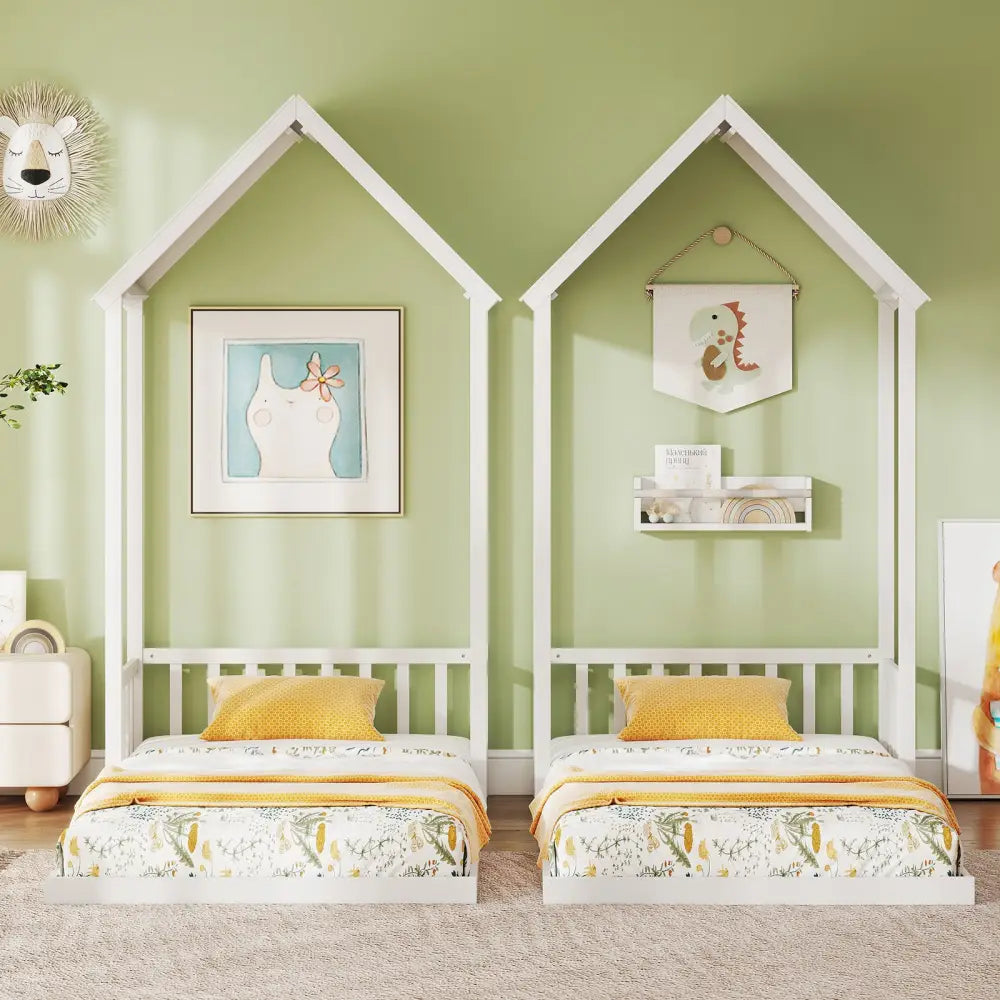 Twin Size House Bed with House Shape Roof and Semi-Fence-White - White - Toddler Beds