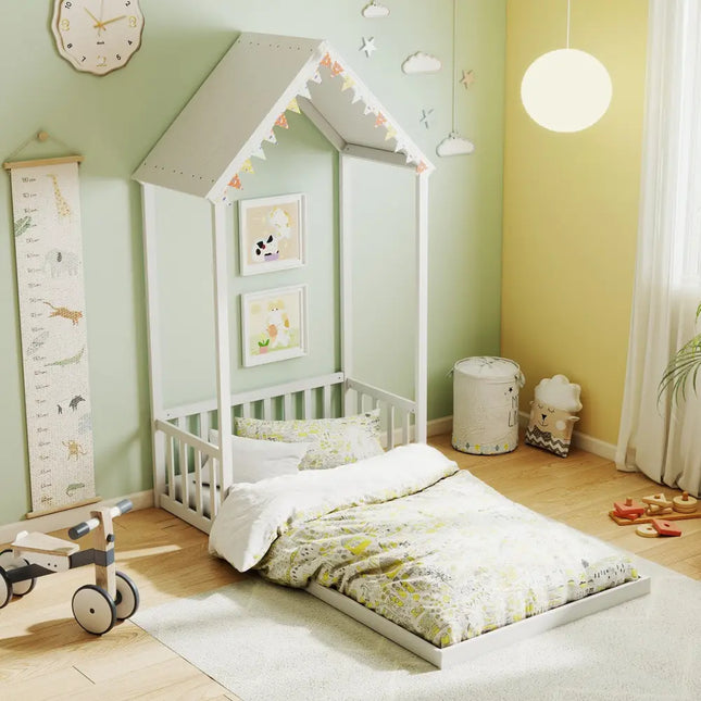 Twin Size House Bed with House Shape Roof and Semi-Fence-White - White - Toddler Beds