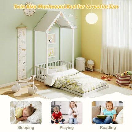 Twin Size House Bed with House Shape Roof and Semi-Fence-White - White - Toddler Beds