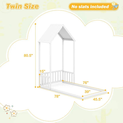 Twin Size House Bed with House Shape Roof and Semi-Fence-White - White - Toddler Beds