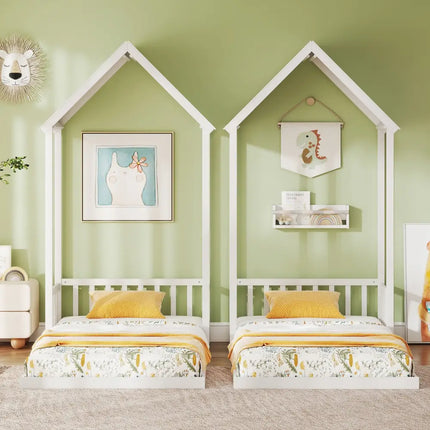 Twin Size House Bed with House Shape Roof and Semi-Fence-White - White - Toddler Beds