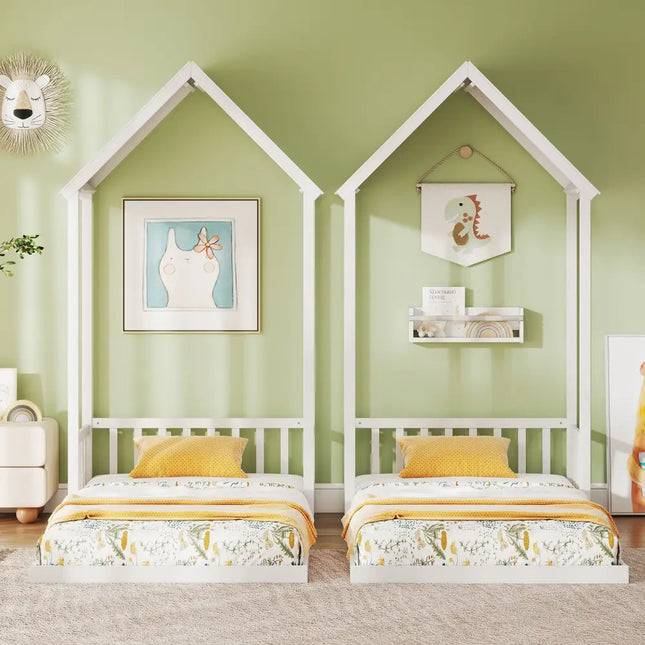 Twin Size House Bed with House Shape Roof and Semi-Fence-White - White - Toddler Beds