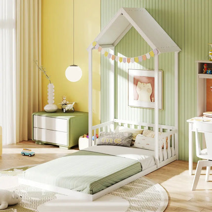 Twin Size House Bed with House Shape Roof and Semi-Fence-White - White - Toddler Beds