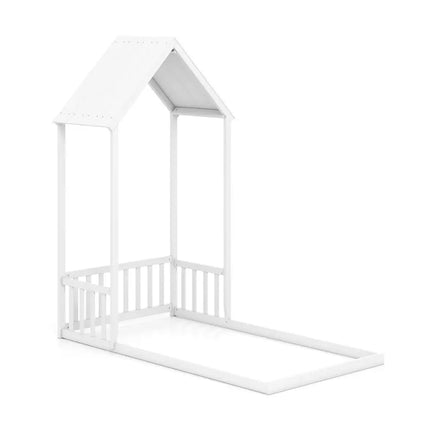 Twin Size House Bed with House Shape Roof and Semi-Fence-White - White - Toddler Beds