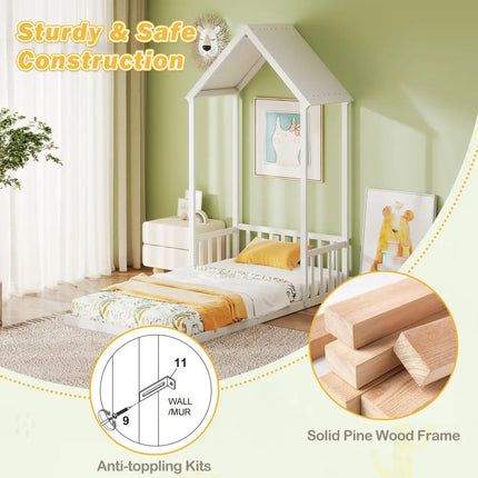 Twin Size House Bed with House Shape Roof and Semi-Fence-White - White - Toddler Beds