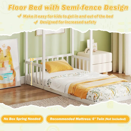 Twin Size House Bed with House Shape Roof and Semi-Fence-White - White - Toddler Beds