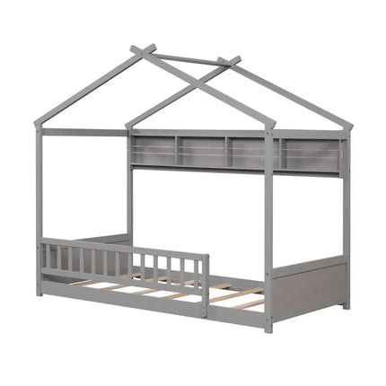 Twin Size House Bed with Storage Shelf and Headboard-Gray - Gray - Simple Bed Frame