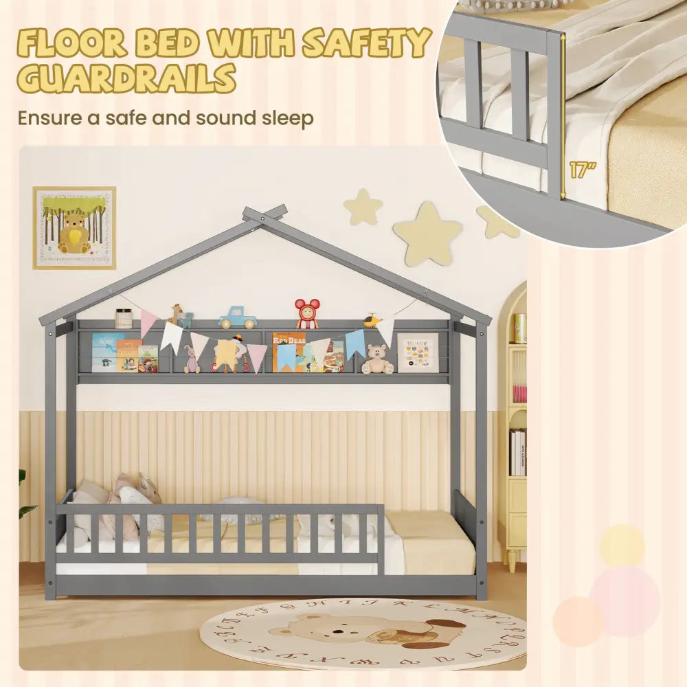 Twin Size House Bed with Storage Shelf and Headboard-Gray - Gray - Simple Bed Frame