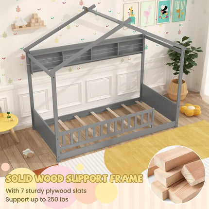 Twin Size House Bed with Storage Shelf and Headboard-Gray - Gray - Simple Bed Frame