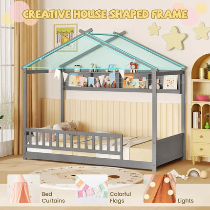 Twin Size House Bed with Storage Shelf and Headboard-Gray - Gray - Simple Bed Frame