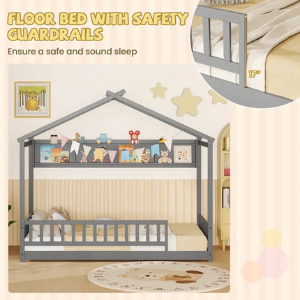 Twin Size House Bed with Storage Shelf and Headboard-Gray - Gray - Simple Bed Frame