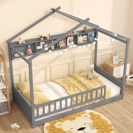 Twin Size House Bed with Storage Shelf and Headboard-Gray - Gray - Simple Bed Frame