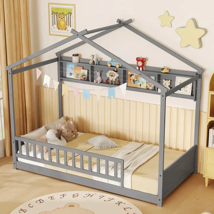 Twin Size House Bed with Storage Shelf and Headboard-Gray - Gray - Simple Bed Frame