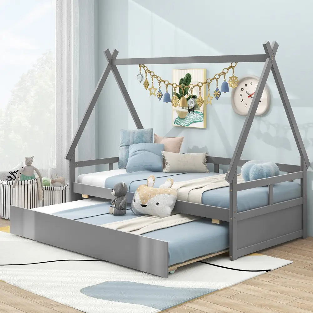 Twin Size House Bed with Trundle and Safety Guardrail-Gray - Gray - Trundle Bed Frame