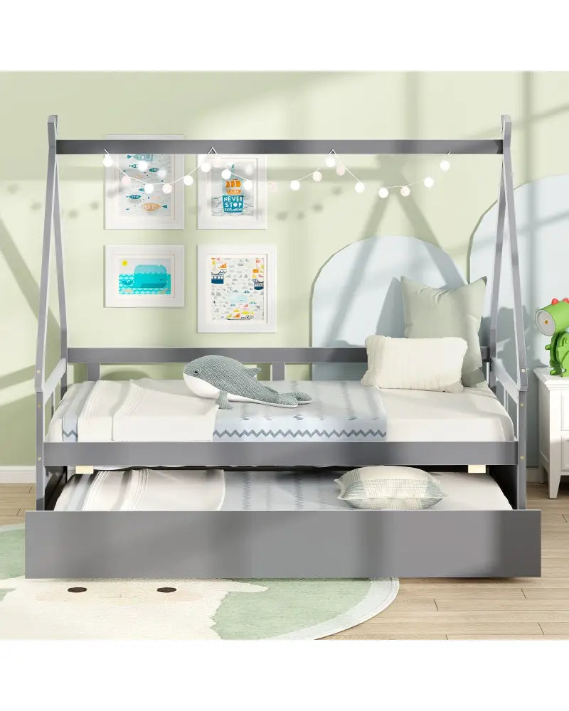 Twin Size House Bed with Trundle and Safety Guardrail-Gray - Gray - Trundle Bed Frame
