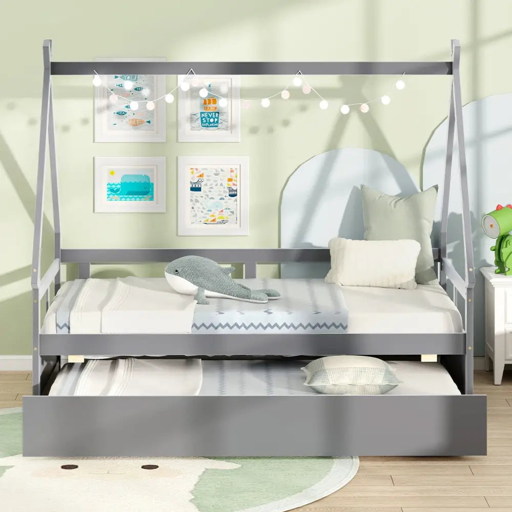 Twin Size House Bed with Trundle and Safety Guardrail-Gray - Gray - Trundle Bed Frame