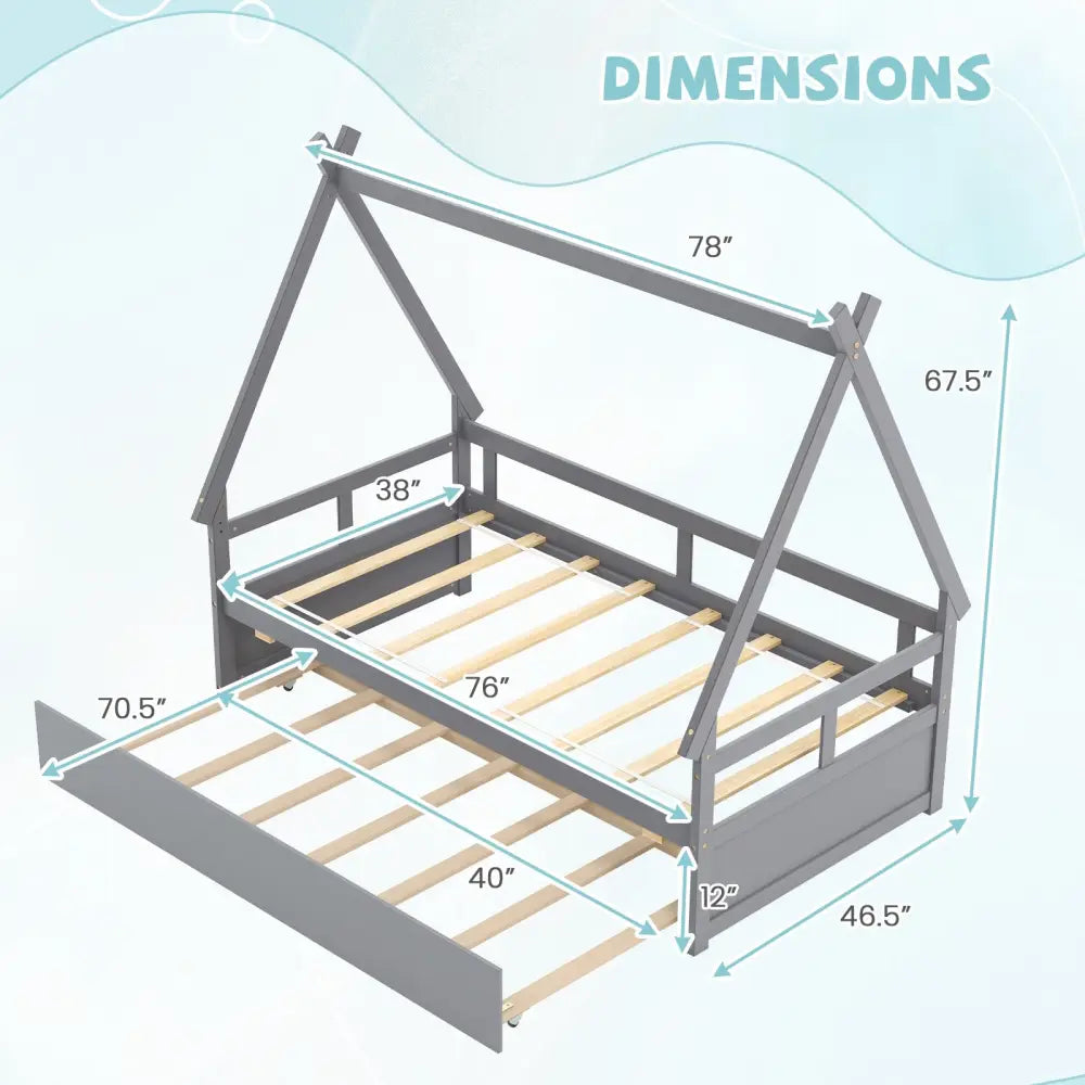 Twin Size House Bed with Trundle and Safety Guardrail-Gray - Gray - Trundle Bed Frame