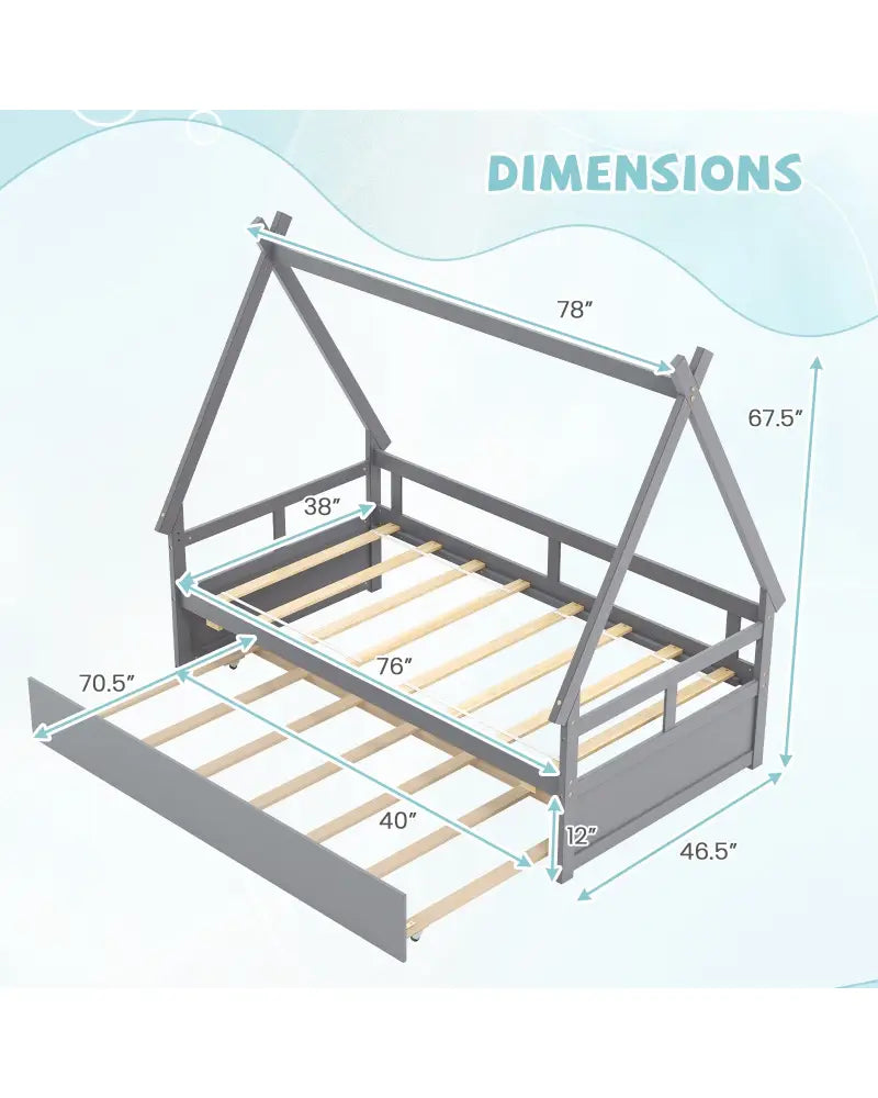 Twin Size House Bed with Trundle and Safety Guardrail-Gray - Gray - Trundle Bed Frame