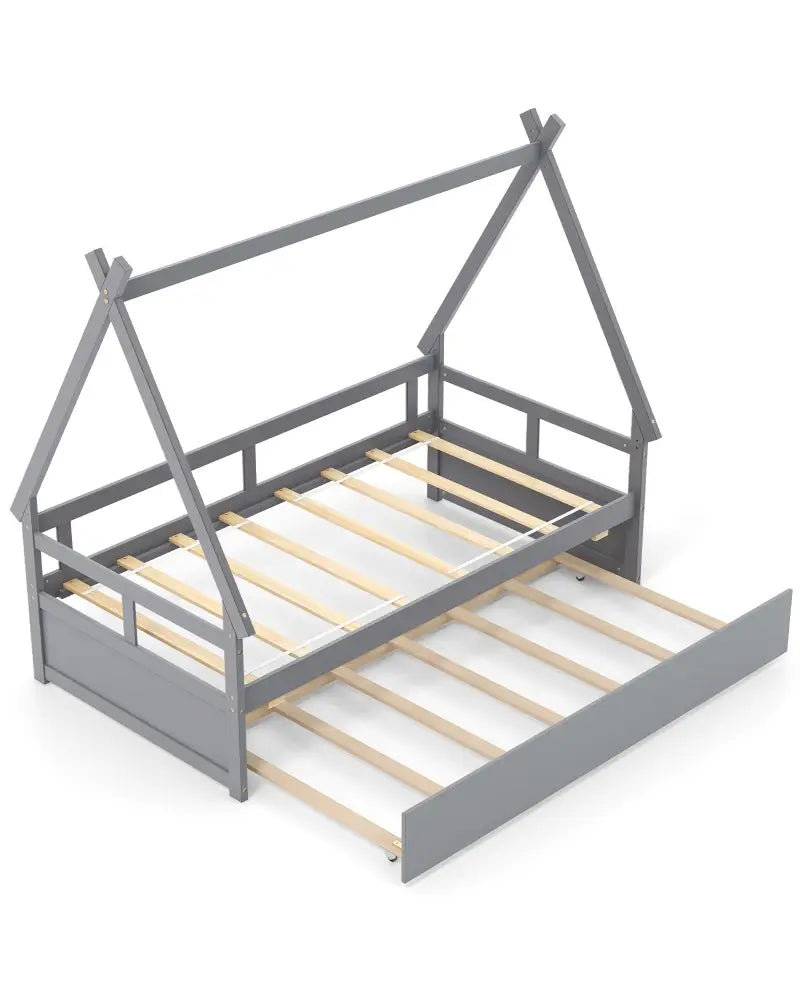 Twin Size House Bed with Trundle and Safety Guardrail-Gray - Gray - Trundle Bed Frame