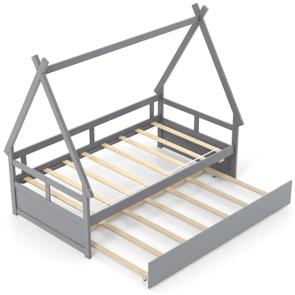 Twin Size House Bed with Trundle and Safety Guardrail-Gray - Gray - Trundle Bed Frame