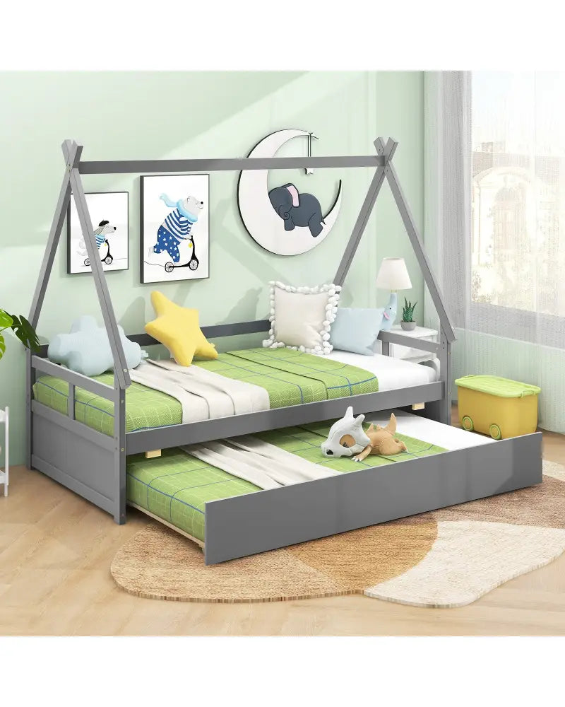 Twin Size House Bed with Trundle and Safety Guardrail-Gray - Gray - Trundle Bed Frame