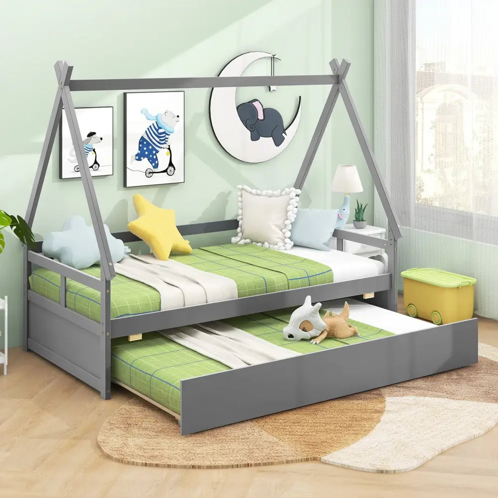 Twin Size House Bed with Trundle and Safety Guardrail-Gray - Gray - Trundle Bed Frame