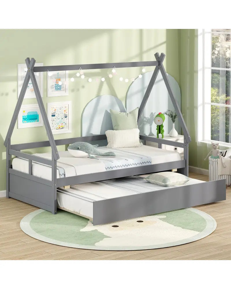 Twin Size House Bed with Trundle and Safety Guardrail-Gray - Gray - Trundle Bed Frame