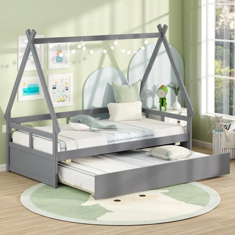 Twin Size House Bed with Trundle and Safety Guardrail-Gray - Gray - Trundle Bed Frame