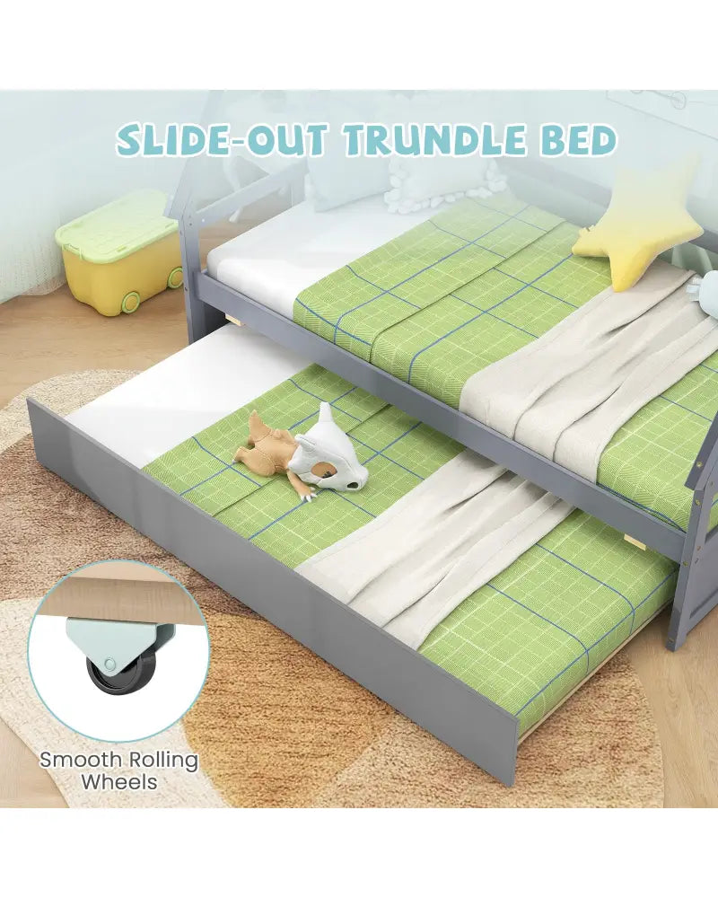 Twin Size House Bed with Trundle and Safety Guardrail-Gray - Gray - Trundle Bed Frame