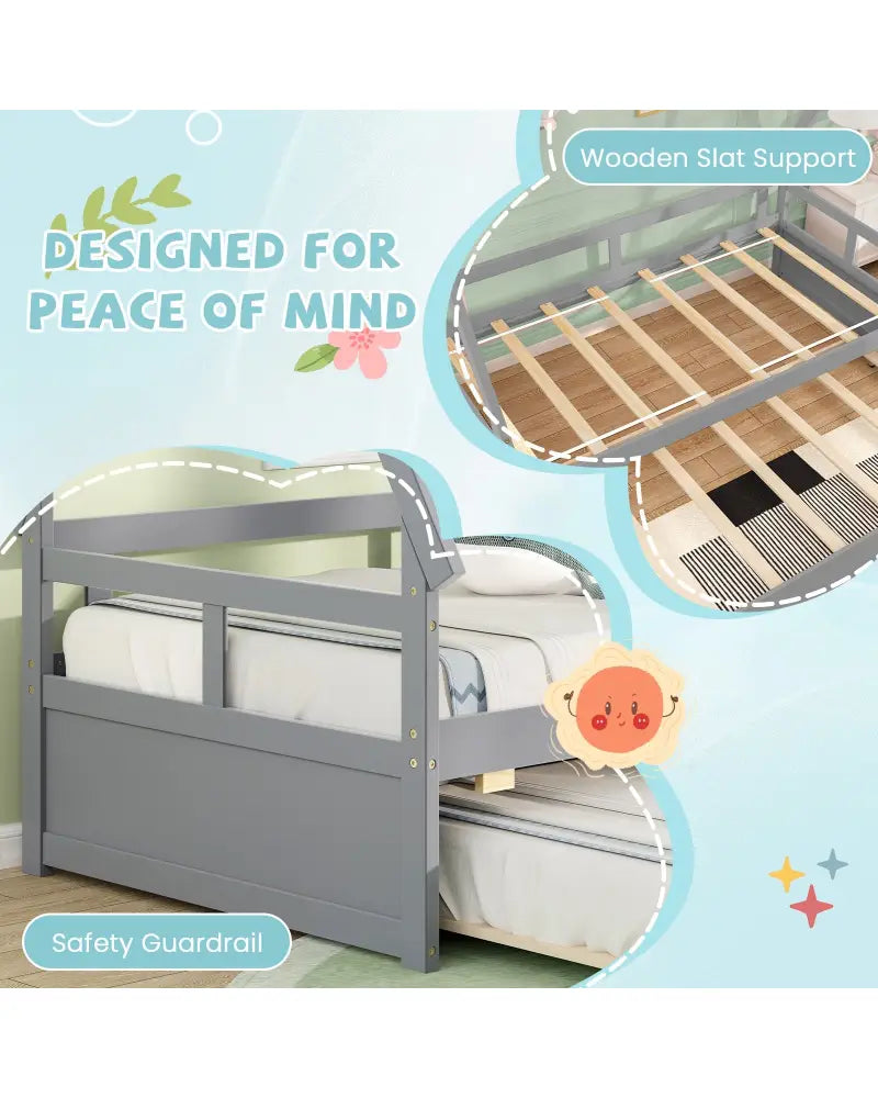 Twin Size House Bed with Trundle and Safety Guardrail-Gray - Gray - Trundle Bed Frame