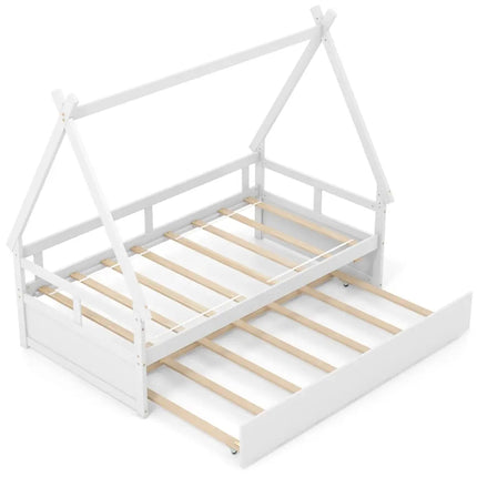 Twin Size House Bed with Trundle and Safety Guardrail-White - White - Trundle Bed Frame