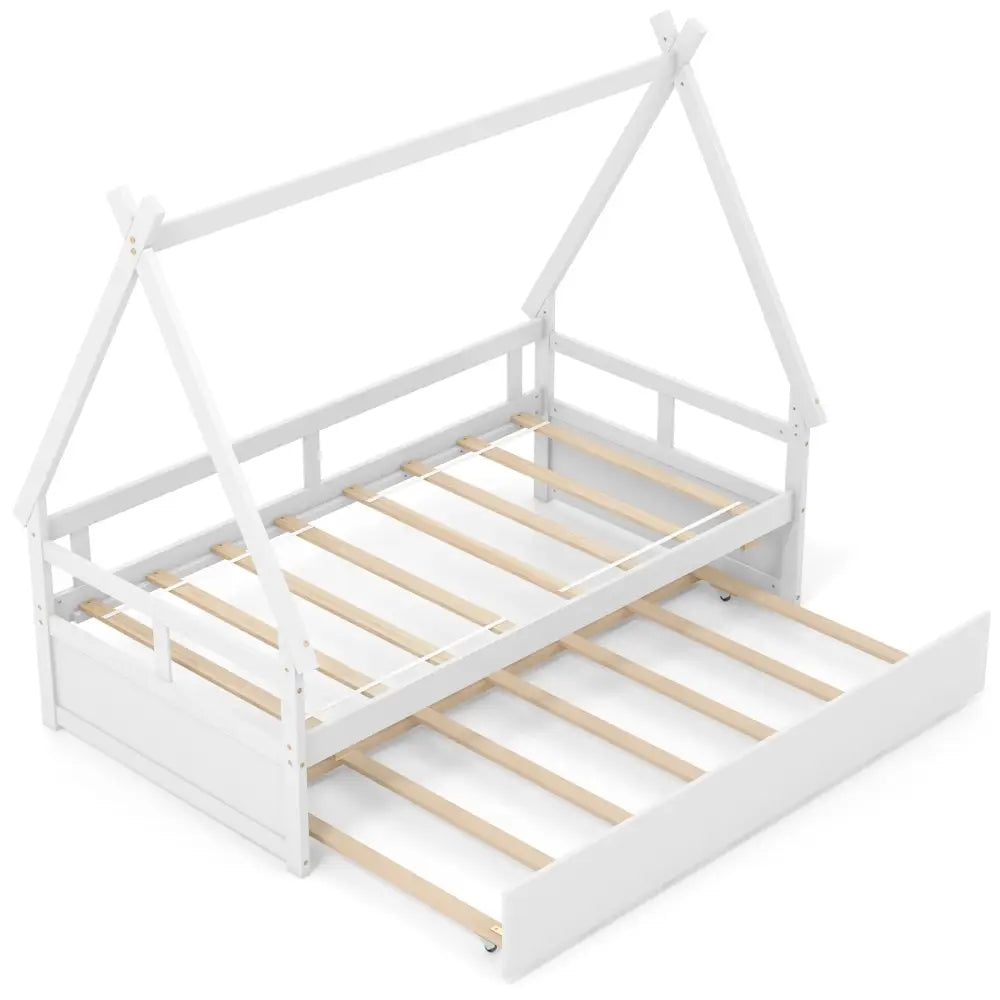 Twin Size House Bed with Trundle and Safety Guardrail-White - White - Trundle Bed Frame