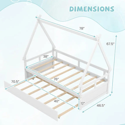 Twin Size House Bed with Trundle and Safety Guardrail-White - White - Trundle Bed Frame