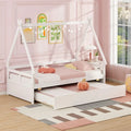 Twin Size House Bed with Trundle and Safety Guardrail-White - White - Trundle Bed Frame