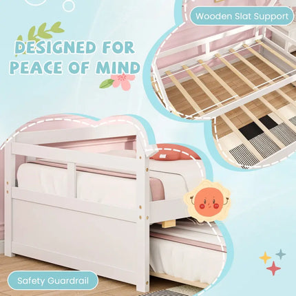 Twin Size House Bed with Trundle and Safety Guardrail-White - White - Trundle Bed Frame