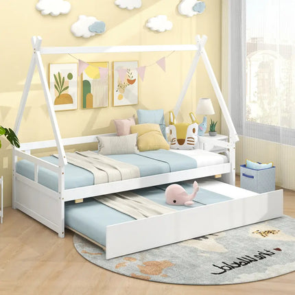 Twin Size House Bed with Trundle and Safety Guardrail-White - White - Trundle Bed Frame